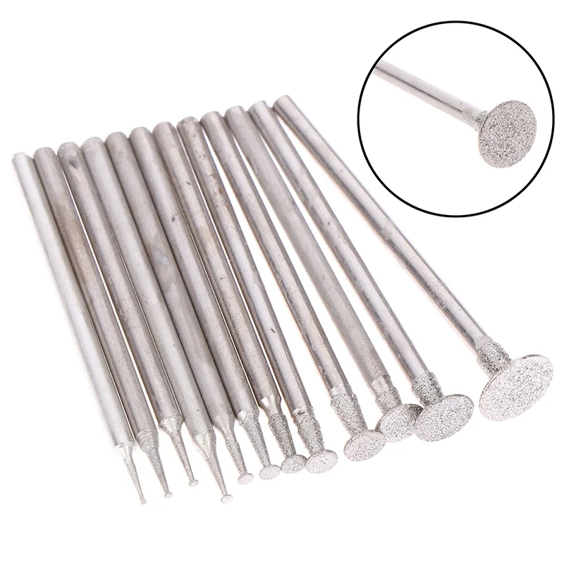 12Pcs 2.3 Shank Diamond Grinding Burr Needle Point Engraving Carving Polishing Glass Jade Stone Drill Bit Rotary Tool Set