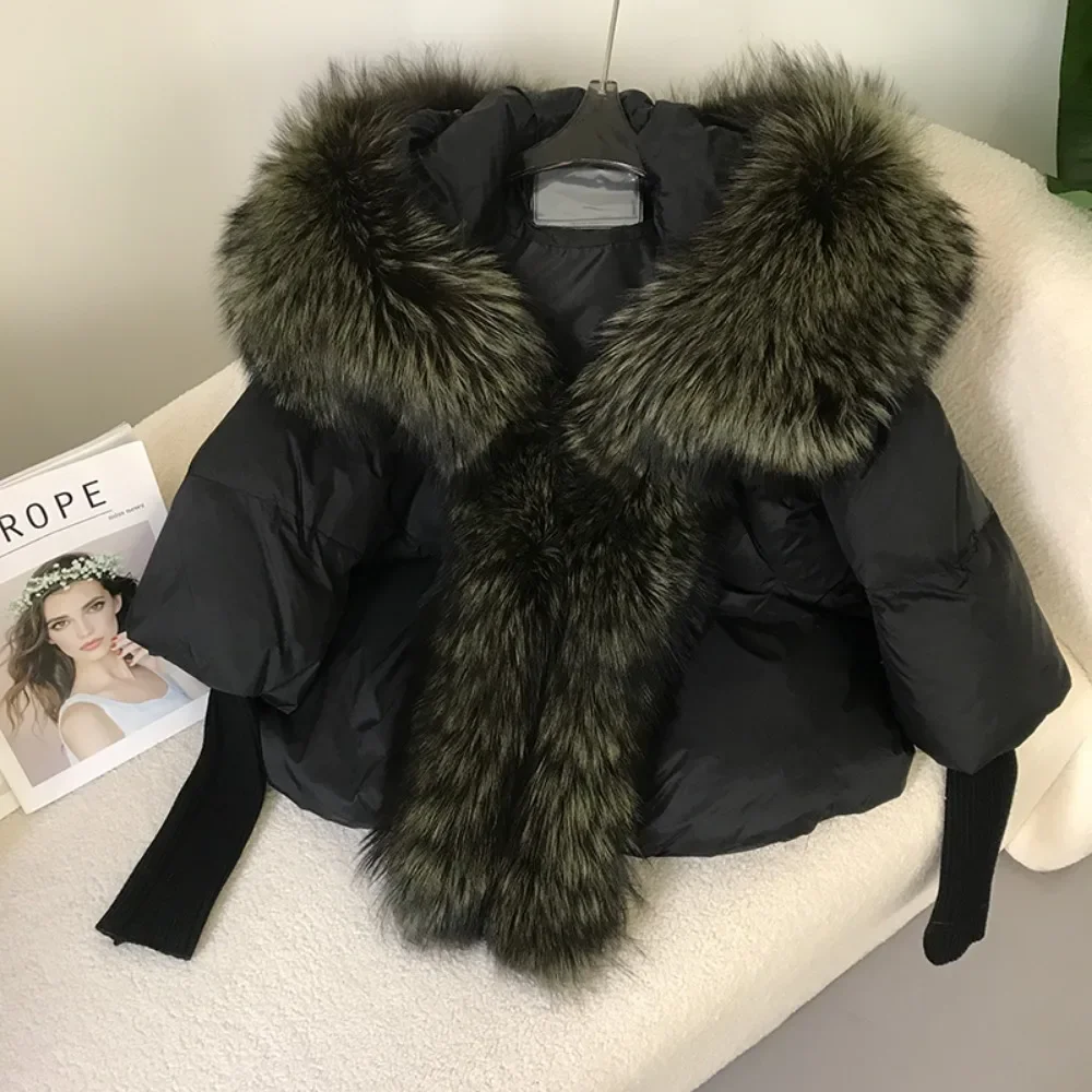 女性のための本物のキツネの毛皮の襟付きのフード付きフグジャケット,大きくて厚い,暖かい,ストリートウェア,冬