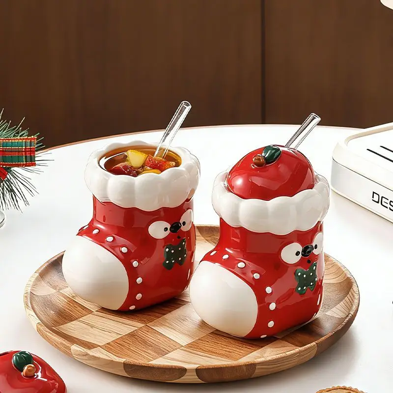 Christmas Boot Apple Ceramic Coffee Mug Creative Straw Water Cup for Home Breakfast Milk Mug Afternoon Tea Herbal Tea Coffee Cup