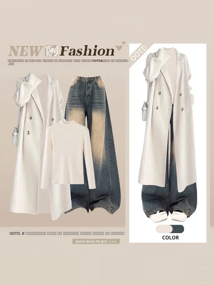 

Зимний наряд Ele, корейская ветровка, пальто с базовым принтом, широкие джинсы, футболка, комплект для поездок на работу, ансамбль Faion