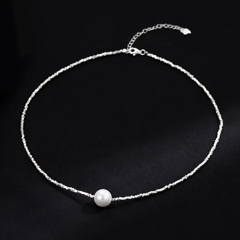 Sparkling 12mm Pearl Pendant Necklace For Women Girl 100% 925 Sterling Silver Choker Chain Wedding Birthday Party Gift Jewelry