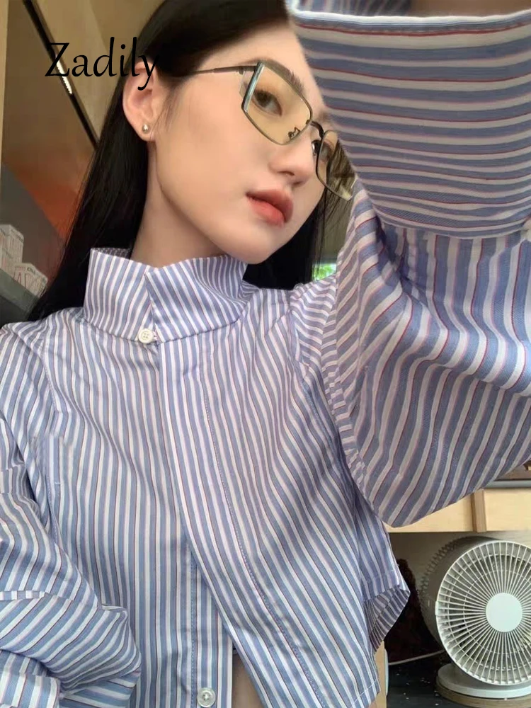 Zadily Korea Style 2024 Summer Long Sleeve Striped Women Cropped Shirt Casual Button Up Embroidery Woman Blouse Stand Neck Tops