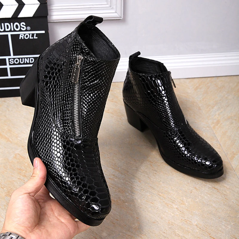 

British Style Razor Blade Zipper Genuine Leather Ankle Boots Gentleman Python Leather High Top Man Leather Shoes Barber Boots