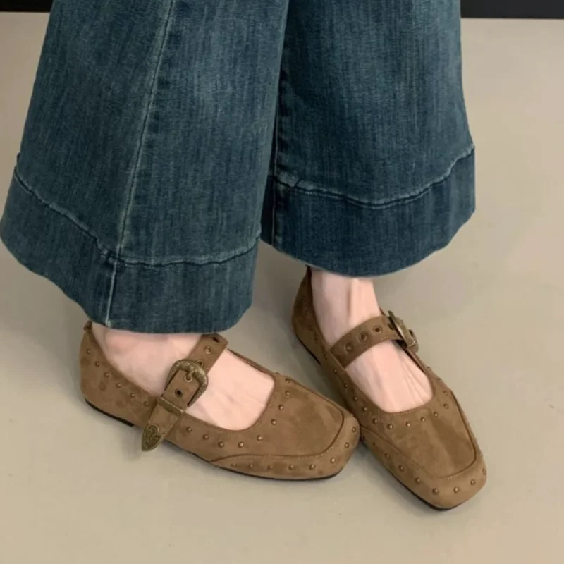 

New Women's Suede Flats Loafers Women Marie Jane Shoes Square Toe Ballet Dance Shoes Fashion Luxury Dress Shoes 2025