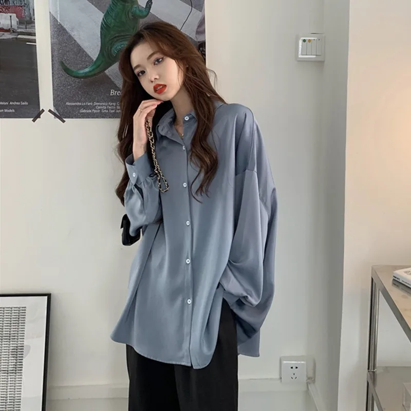 Women Autumn Korean Office Lady Loose Solid Color Polo-Neck Long Sleeve Shirts Women Clothes Fashion All-match Appear Thin Tops