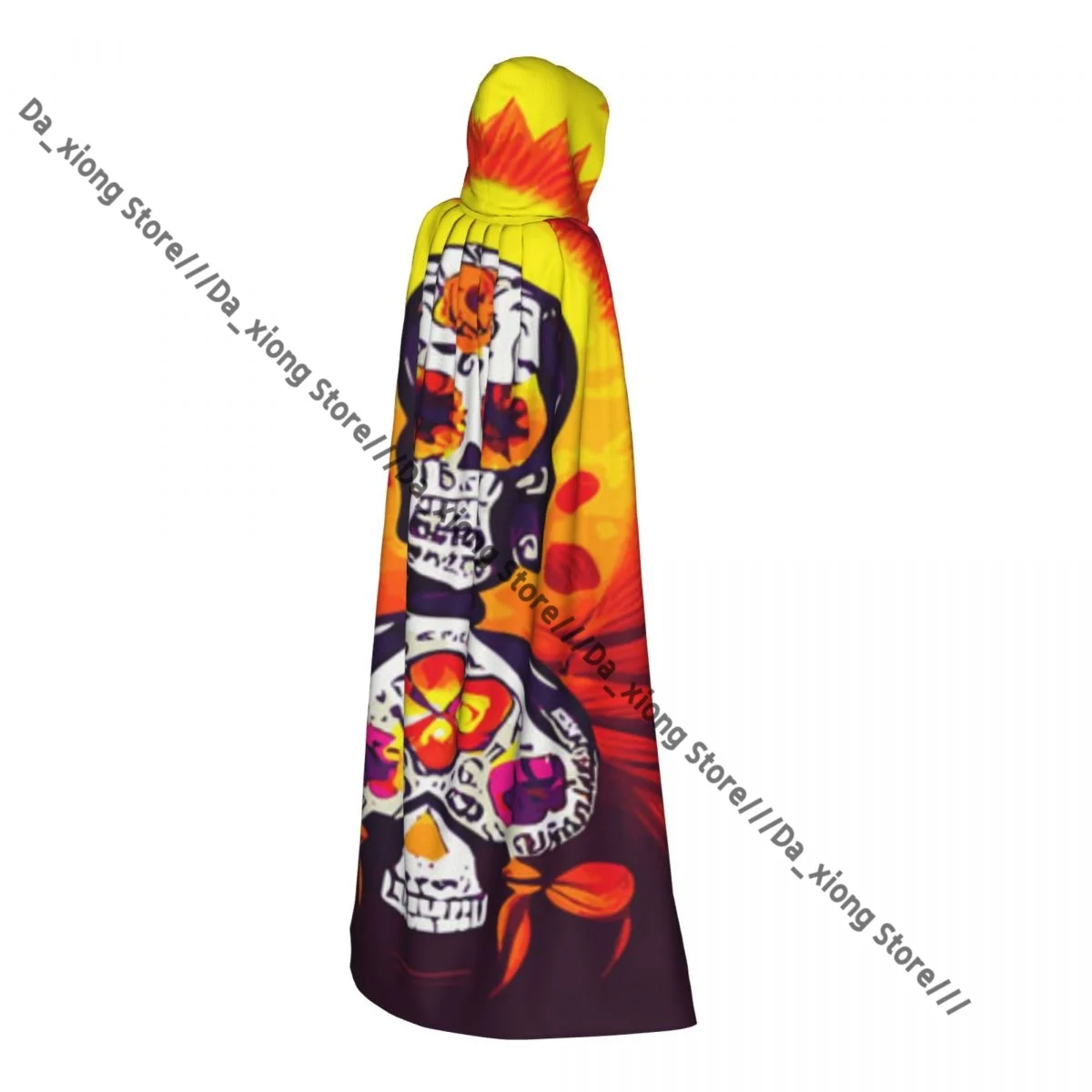 Day Of Dead Mexican Sugar Skulls Witch Cloak Hooded Cosplay Costume Halloween Adult Long Party Cape