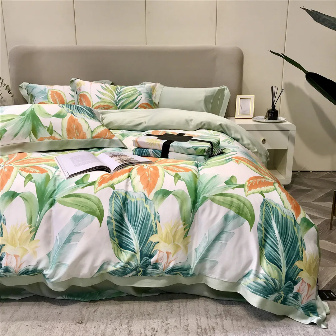 

2023 New Long Staple Cotton Plant Pattern Four-piece Bedding Household Must Four Seasons Universal Luxury Bedding Light Green