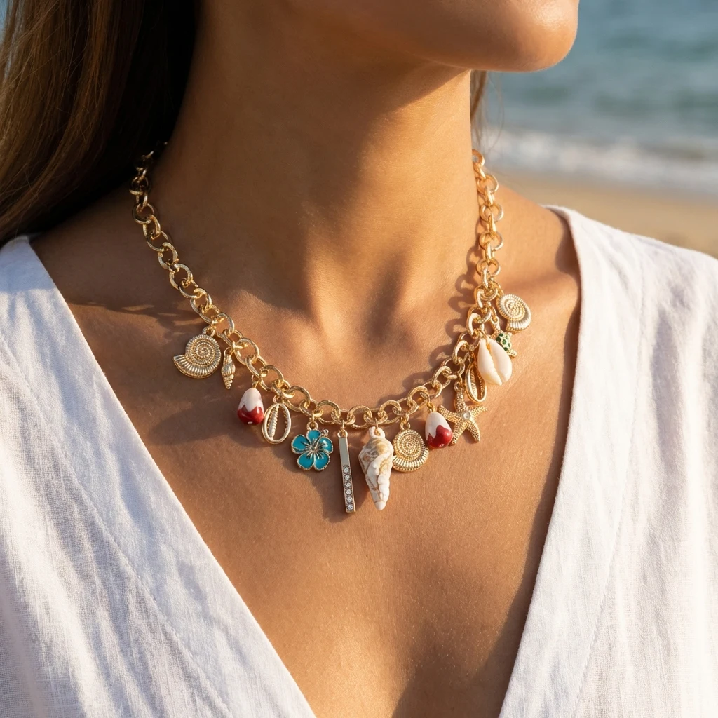 Böhmische Seestern-Muschel-Schildkröten-Anhänger-Halskette für Damen, Punk-Stil, dicke Kette, Blumen-Choker, Charm-Schmuck für den Sommerurlaub – Detail 2
