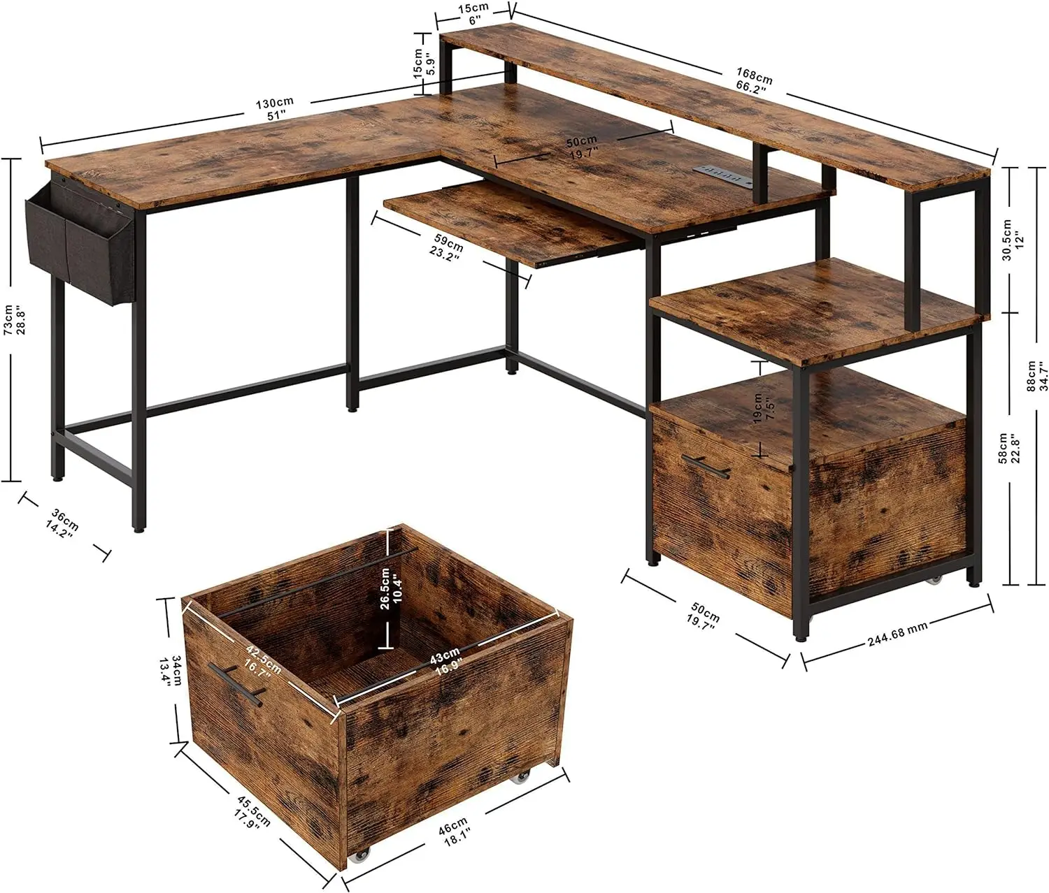 مكتب كمبيوتر على شكل حرف L ، مكتب زاوية 66 بوصة مع منفذ طاقة ، درج ملفات ، درج لوحة مفاتيح ، رف مراقبة رافع وحقيبة تخزين