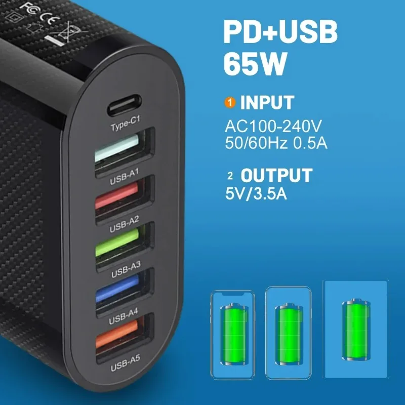 65W USB Charger 6 Port PD Type C Fast Charging Adapter For iPhone 15 14 13 Samsung Xiaomi Huawei Mobile Phone Wall Quick Charger