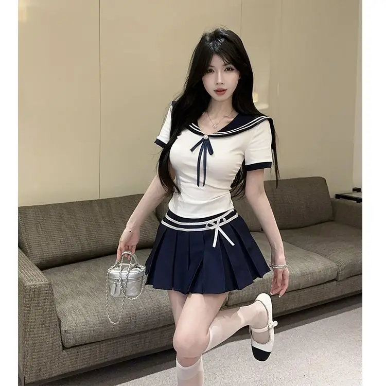 

plus Size JK Uniform Set Summer Navy Collar Short Sleeve High Waist Pleated Skirt Two Piece Set Sweet And Spicy Style