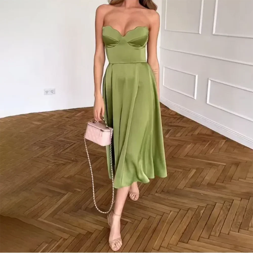 Pretty Fashion Green Simple Satin Women Prom Dress Tea Length A-Line Sweetheart Sleeveless Summer Cool Vestidos De Fiestas Elega