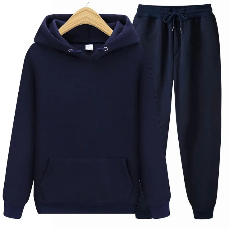 Men Plain Hooded Sweatshirt Drawstring Jogger Pants Two Piece Sports Tracksuit Set