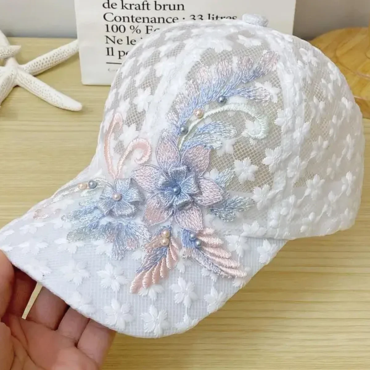 Unisex Lace Flower Embroidery Breathable Baseball Net Caps A