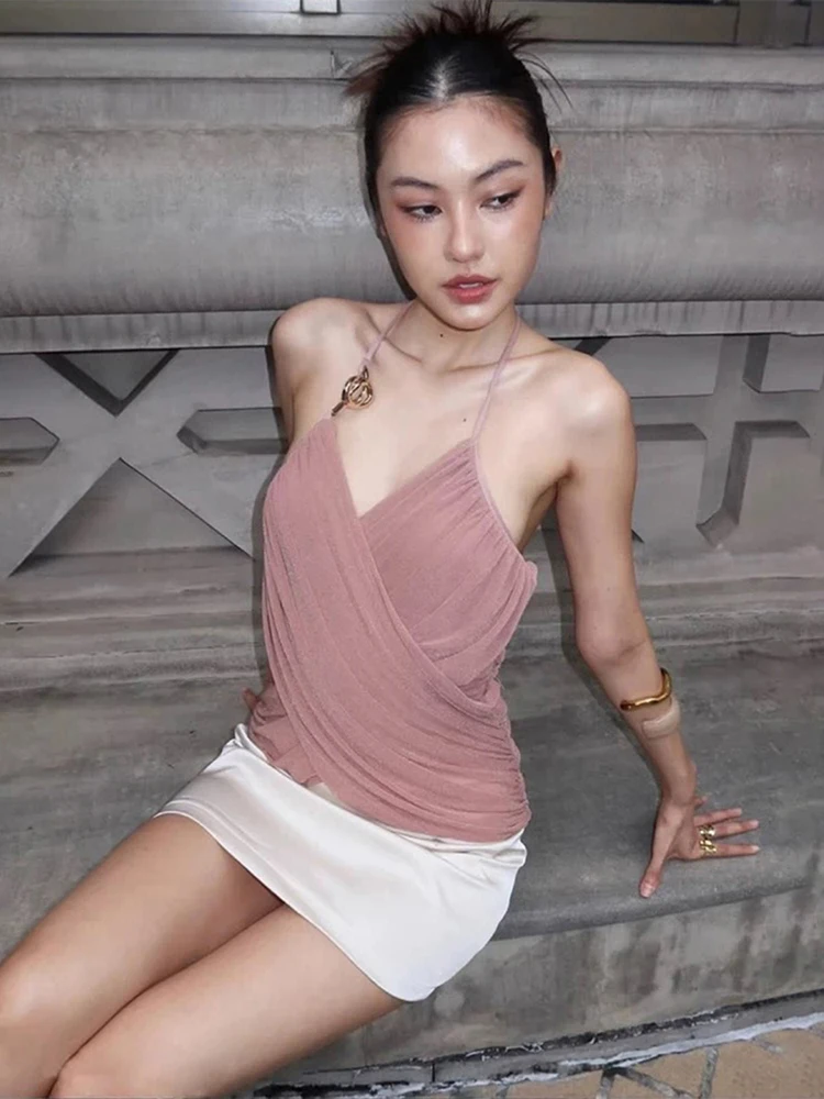 

Майка-топ Kliou с металлическими пряжками и сетчатыми вставками, женская, летняя, трендовая, с глубоким вырезом, без спинки, в уличном стиле