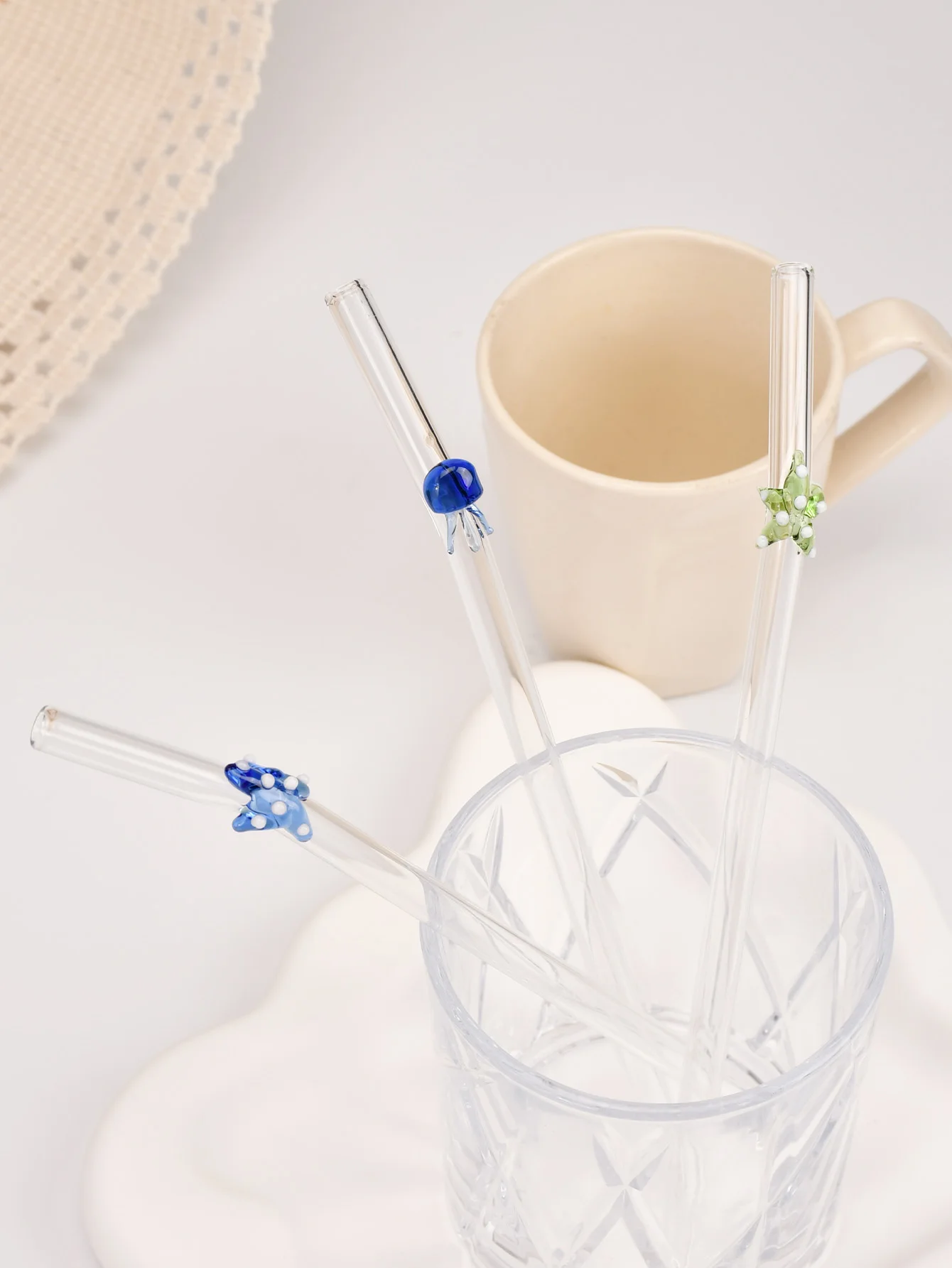 1/4PCS Ocean Themed Reusable Glass Straws, Iced Drinks Tea Smoothie Straw, Beach Party Dessert Shop Gathering Gift, Summer Vibes