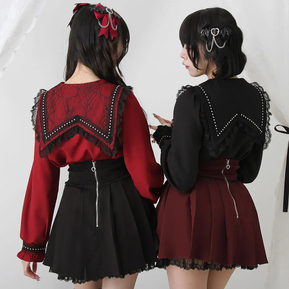 Japanese Mine Style Shirt Cute Sweet Lace Stitching Long Sleeve Single Breasted Versatile Lolita Shirts Blouses Top Women Spring