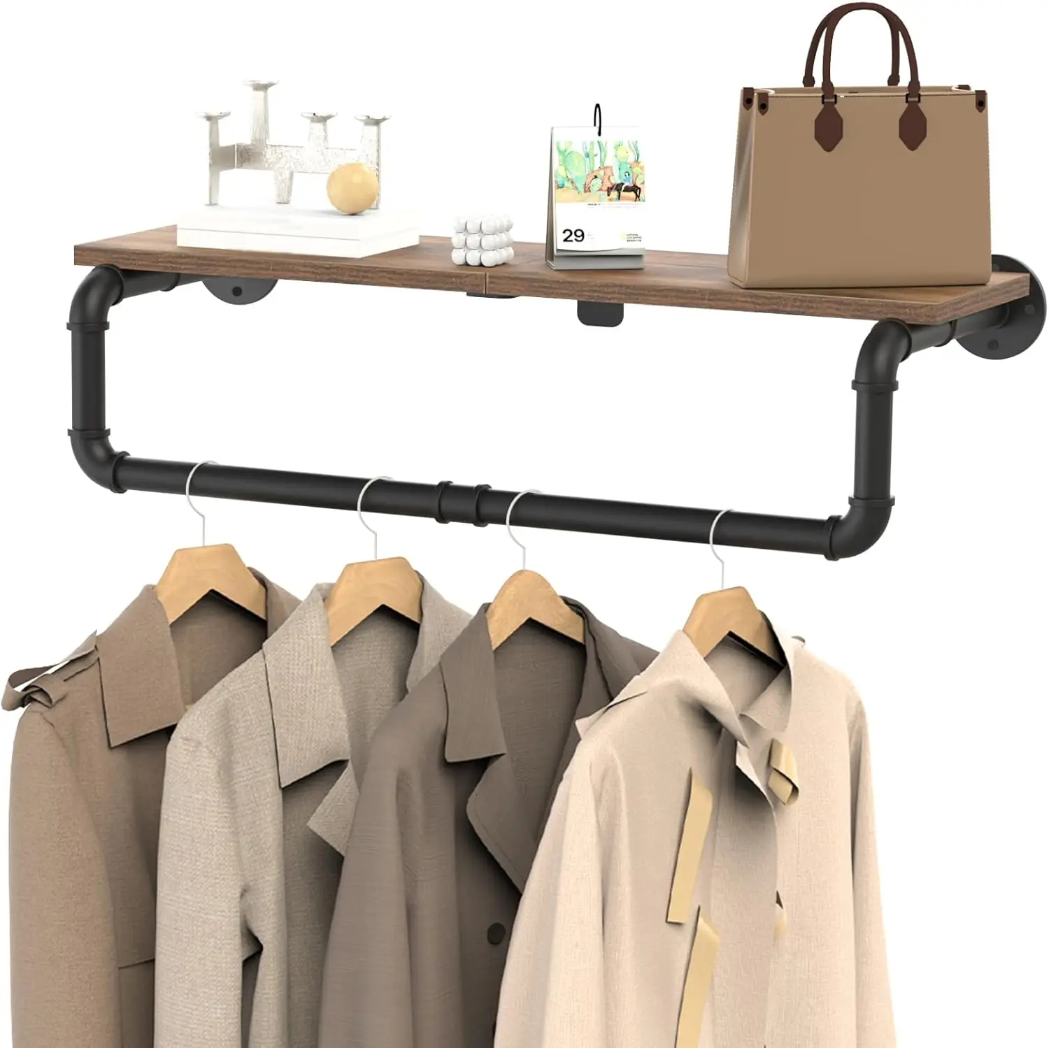 

Industrial Pipe Wall Mounted Clothes Rack with Shelf, Heavy Duty Iron Garment Hanger for Storage, Black