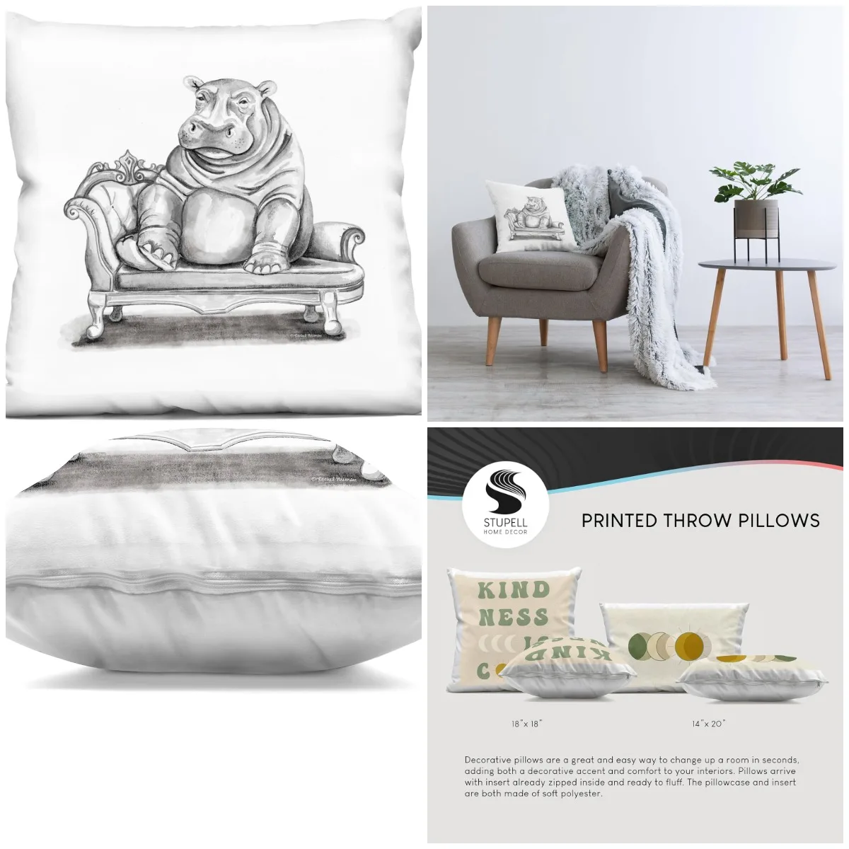 

Hippo on Chaise Lounge Indoor Printed Throw Pillow, 18 x 7 x 18, Grey