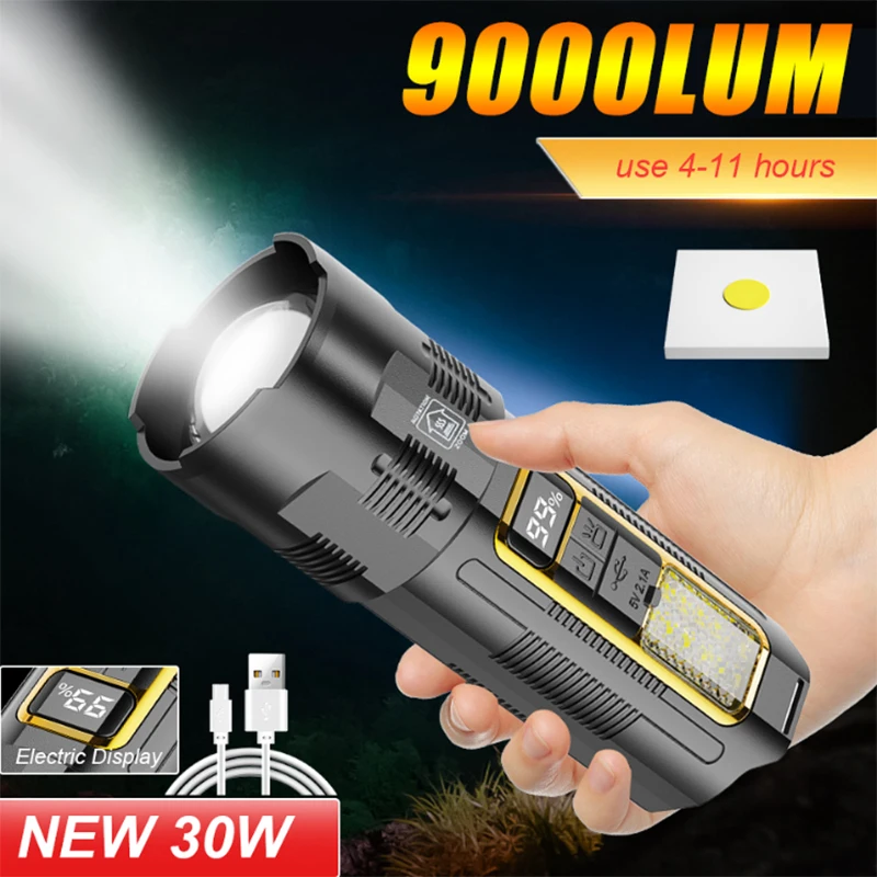 ไฟฉาย LED Super Bright 300M Long Shot Type-C ชาร์จไฟฉายแบบพกพา Spotlight 18650 แบตเตอรี่โคมไฟ Power Bank โคมไฟ