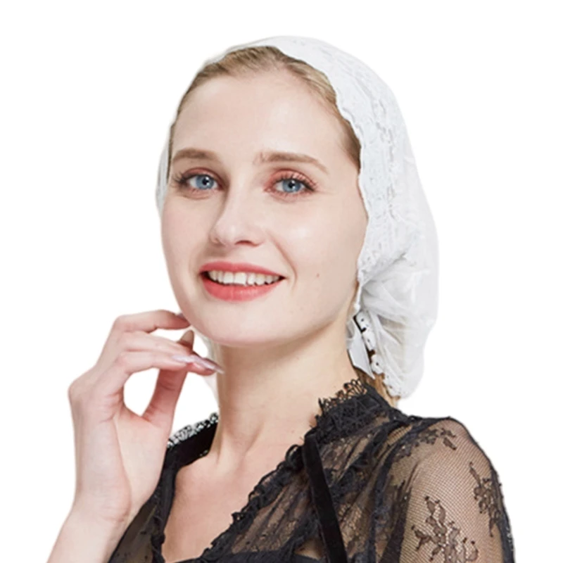 652F Woman Mantilla Veil Lace Trim Shawl for Mother Nun Wedding Party Headwear