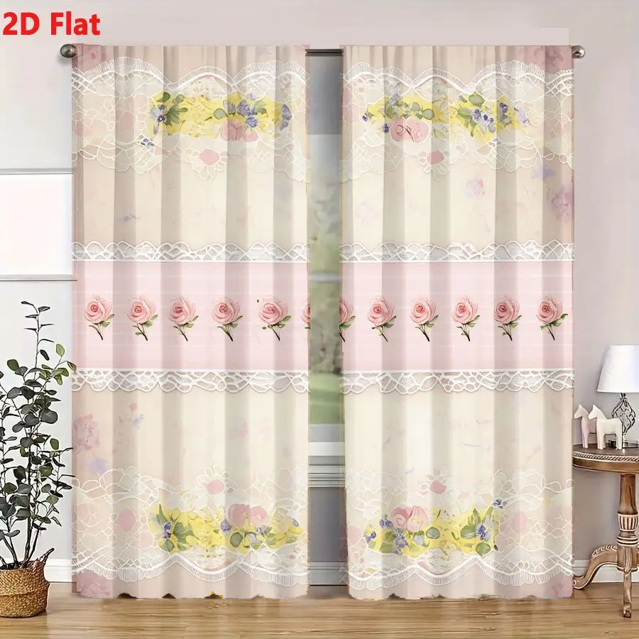 2Pcs Curtains 2D Flat Vintage Style Pastel Floral Decorative Wallpaper With Lace Trim And Pink Roses Window Drapes for Bedroom R 4