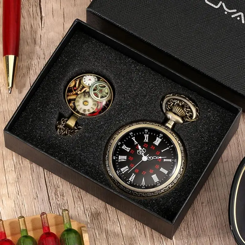 Einfach Keine Abdeckung Design Bronze Römischen Ziffern Halskette Kette Quarz Taschenuhr Zeitmesser Getriebe Punk Schmuck Anhänger Geschenke Sets