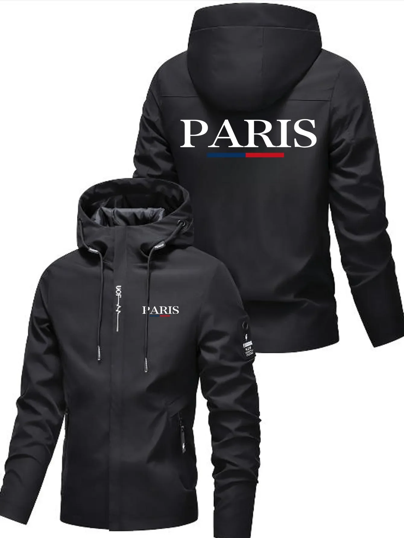 

Men's Paris Printed Spring And Autumn Hoodie Windproof And Jacket with Zipper Pockets Zipper Slits Long Sleeves Jacket