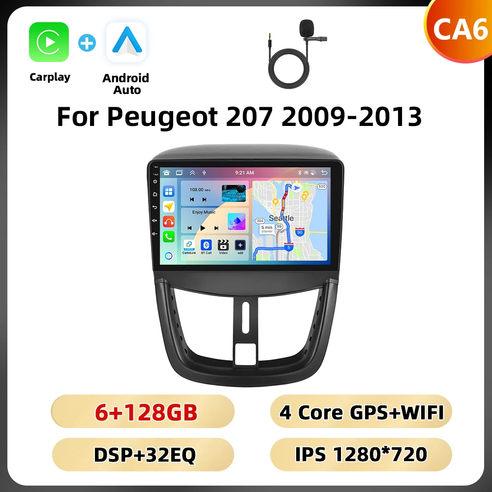 Podofo 8Core Qualcomm Autoradio Voor Peugeot 207 2009-2013 Multimedia Speler Carplay Android Auto 8 + 128G WIFI 4G GPS Auto Stereo - afbeelding 1