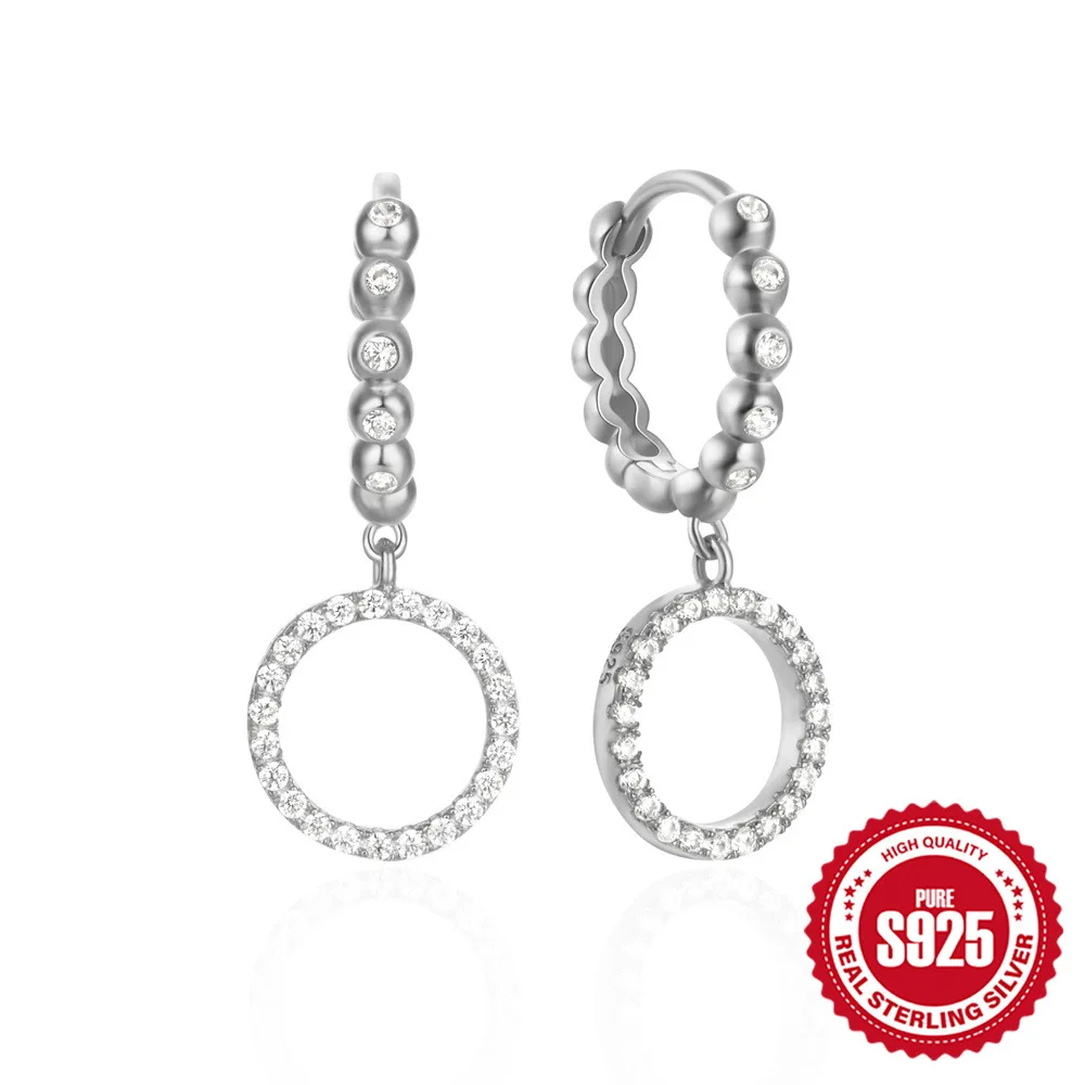 100% 925 Sterling Silver Zircon Geometric Earrings for Women Girl Fashion Elliptic Round Design Jewelry Party Gift Dropshipping