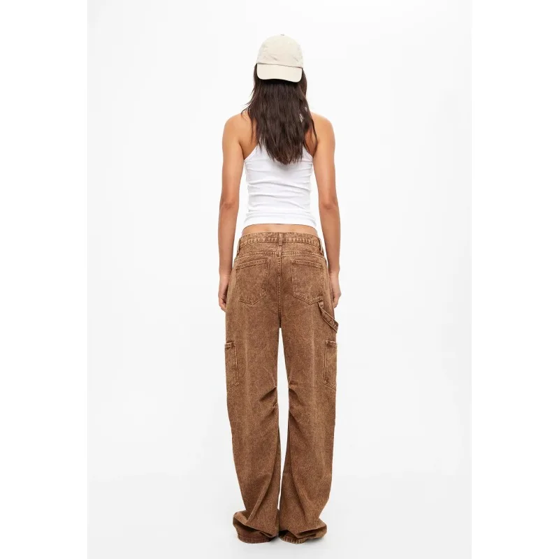 Retro Luźne Ogrodniczki z Wieloma Kieszeniami, Niski Stan, Proste Jeansy, Wytrzymałe i Oddychające, dla Modnych Ulicznych, Bawełniane Spodnie