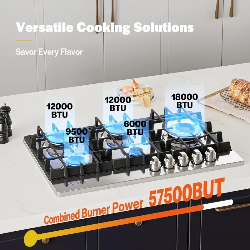 موقد إمبافا 30 بوصة مصنوع من الفولاذ المقاوم للصدأ مع 5 مواقد غاز بما في ذلك موقد طاقة بقدرة 18000 وحدة حرارية بريطانية، 30 بوصة، فضي