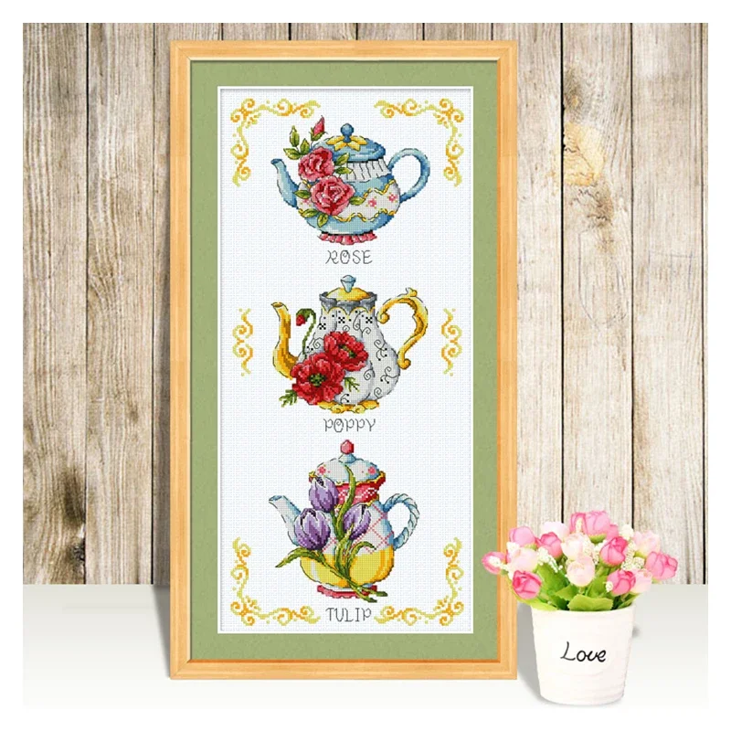 Amishop Gold Collection Lovely Counted Cross Stitch Kit Flower Teapot Cake Rose Poppy Tulip Teapots SO G87