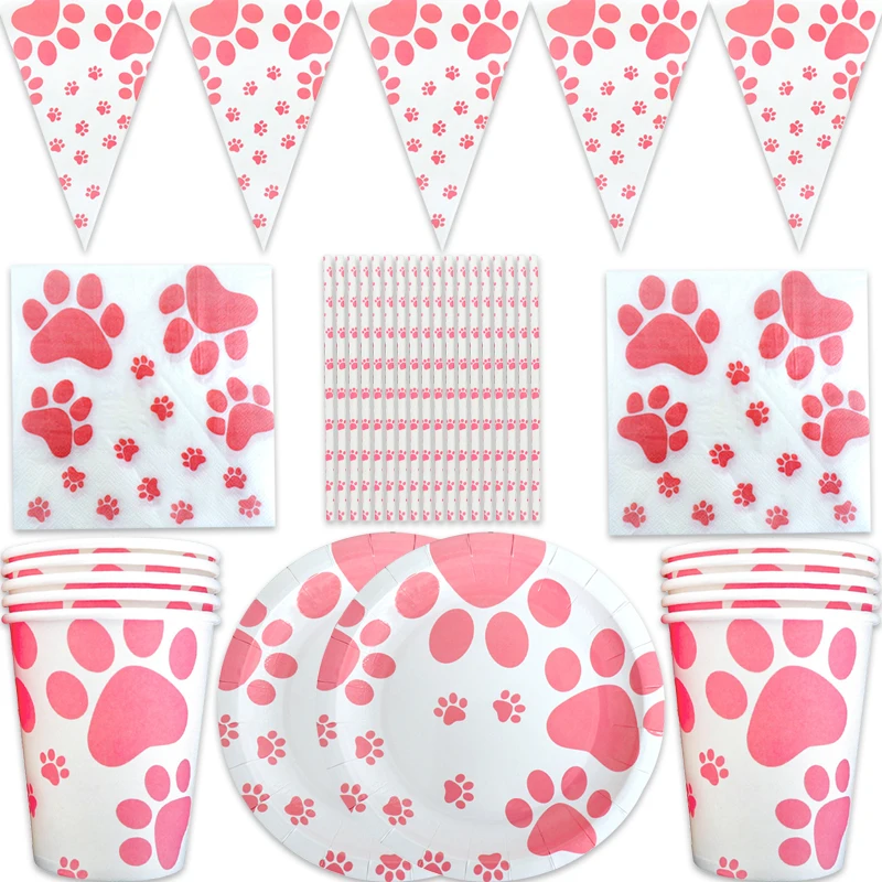 

60pcs/lot Pink Claw Print Theme Napkins Happy Birthday Party Plates Cups Baby Shower Decorations Kids Grils Favors Tableware Set