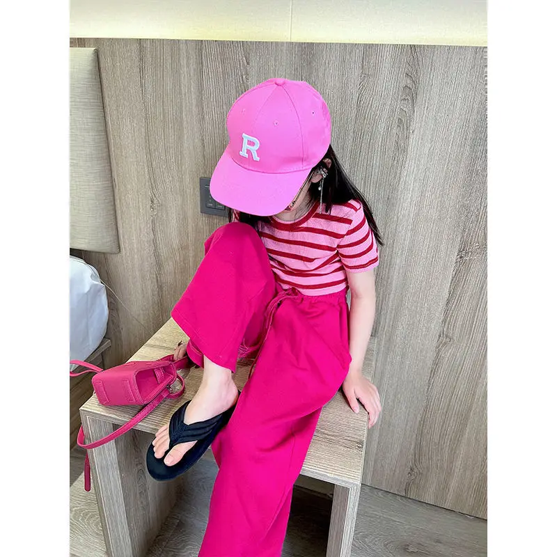 2024 summer Kids Girls Clothes Children Sets short striped crop top T-shirts + Wide Leg straight Pants Teenager 4 8 10 12 Years