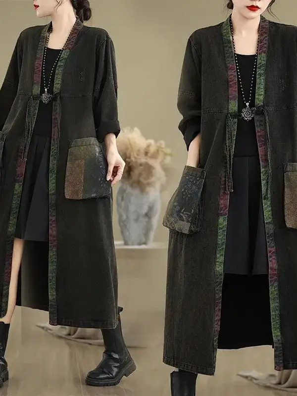 

Loose Mid-Length V-Ne Denim Jaet for Women Autumn Winter New Sle Retro Color Blo Button Windbreaker Korean Sle