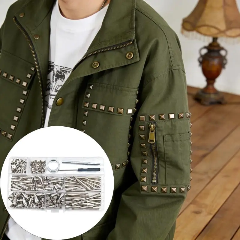 

105Pieces Multiple Size Alloy Punk Rivets Set Including Tool and Case for Crafting Clothing Designs B03E