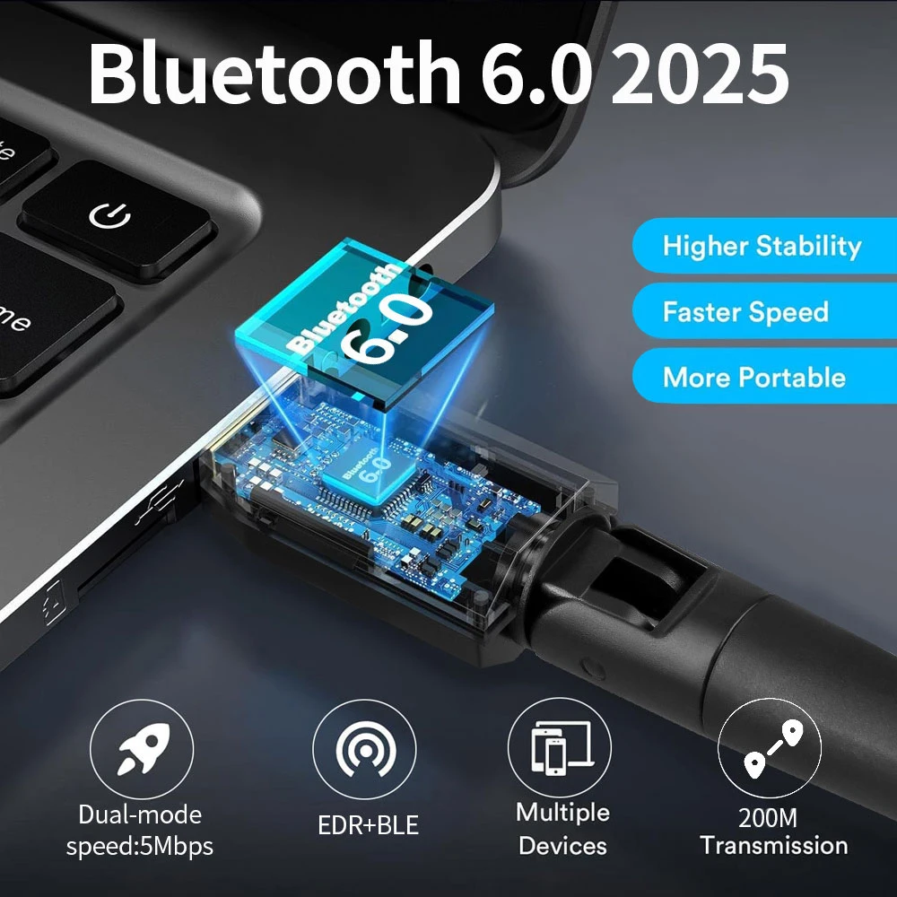 200M USB Bluetooth 6.0 Dongle Adapter for PC Speaker Wireless Mouse Keyboard Music Audio Bluetooth 5.4 Receiver Transmitter