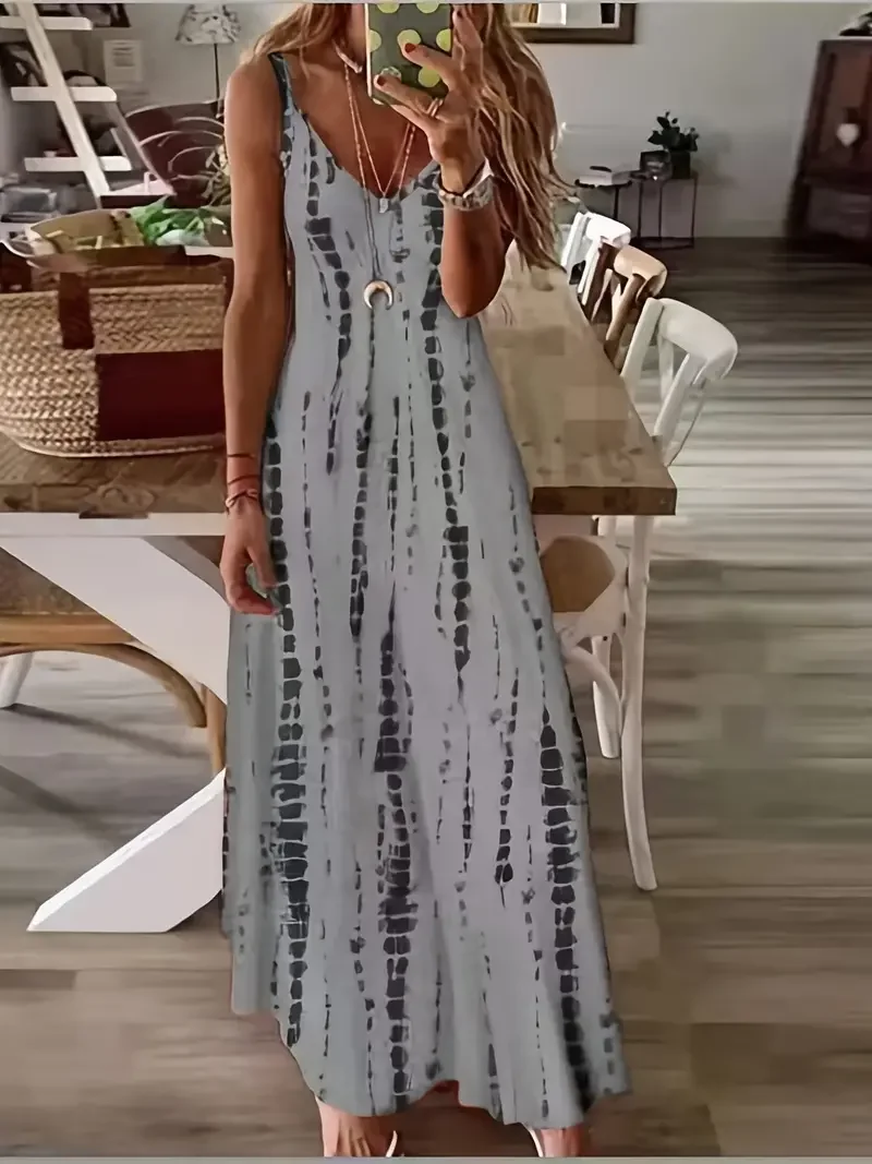 Dames Casual Losse V-Hals Stropdas Dye Print Spaghetti Maxi Jurk Zomer Strandvakantie Lange Jurk