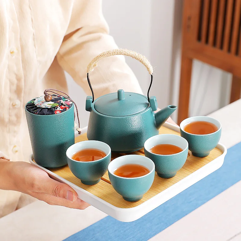 

Green Pottery Mention Pot Teaware Travel Portable Ceramic Kung Fu Tea Set Japanese Style Teapot Teacup Tea Tray Set Sculpture