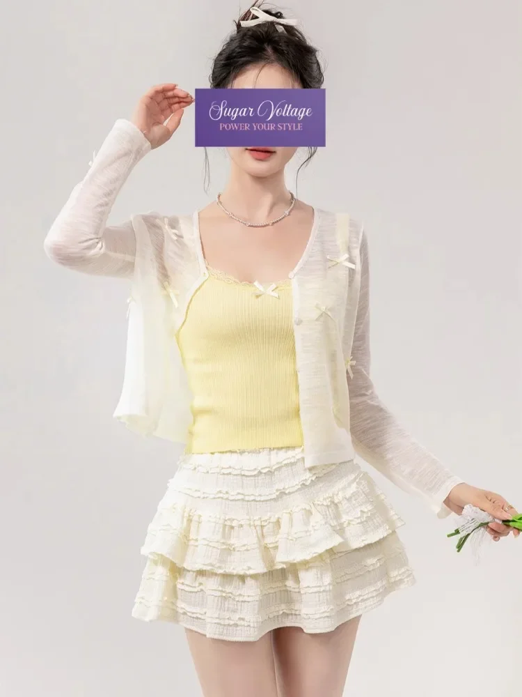 الربيع الرغبة النقية 2 قطعة مجموعة النساء الحلو القوس الدانتيل الصيف كاميس الأبيض القوس انظر من خلال سترة الدوبامين نمط سليم مثير القمم جديد