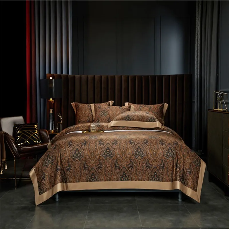 Vintage Bruin Chocolade Boho Dekbedovertrek Set Koningin Koning 4Pcs Luxe 1000TC Egyptisch Katoen Zacht Beddengoed Laken Kussenslopen
