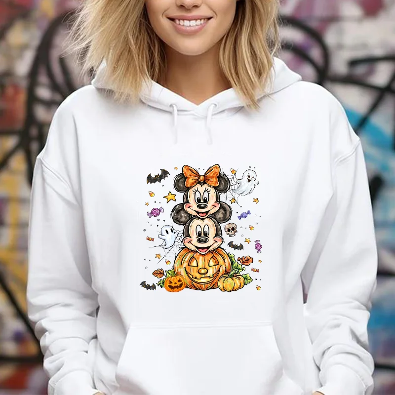Mickey and Minnie Pumpkin Print Hoodie for Women Creative Sportswear Top for Halloween Costumes