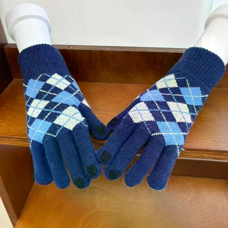 1 Pair Touch Screen Plus Thick Plaid Gloves Winter Adult Male and Female Students Split Finger Riding To Keep Warm Cute Couple