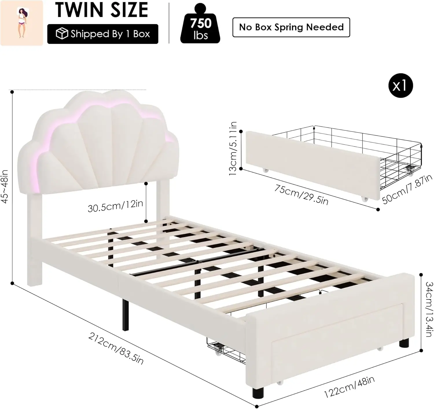 Estrutura de cama LED inteligente estofada dupla com gaveta de armazenamento e cabeceira de pétalas duplas chique ajustável, cama de plataforma princesa para G