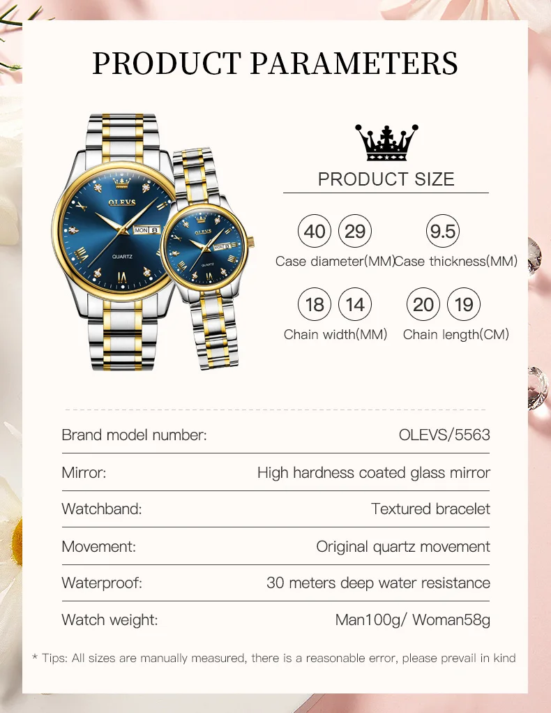 OLEVS Couple Watch for Women Men Quartz Watch Double Calendar Clock Waterproof Ladies Wrist Watches for Lover\'s Gift His or Hers