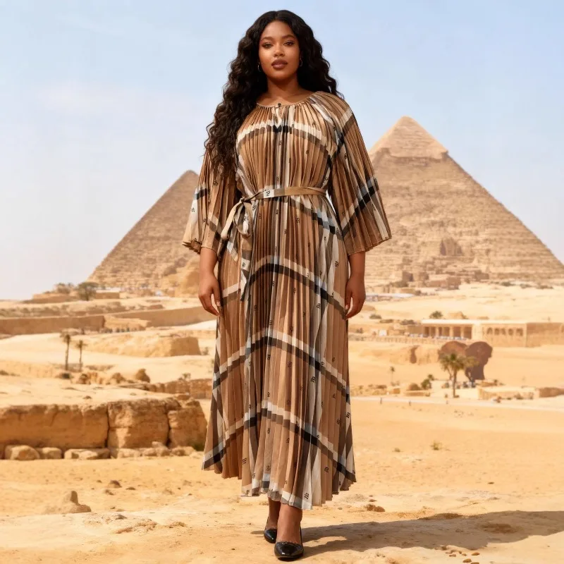 

Miyake плиссированное женское платье больших размеров, европейская новая мода, ретро-принт, свободные элегантные эластичные длинные платья с длинными рукавами на шнуровке