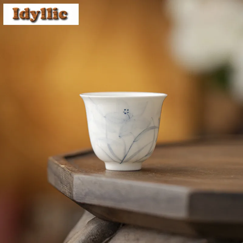 

2pc/lot Hand-painted Blue And White Teacup Luxury Tea Bowl Single Cups Tea-tasting Meditation Cup Chazhan Master Cups Gift 55ml