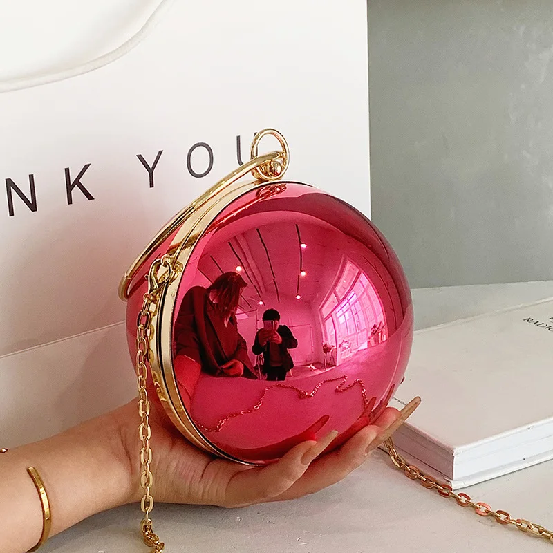 New Acrylic Ball Bag Women\'s Evening Bag Transparent Mirror Surface Chain Shoulder Crossbody Trendy Prom Party Messenger Bag