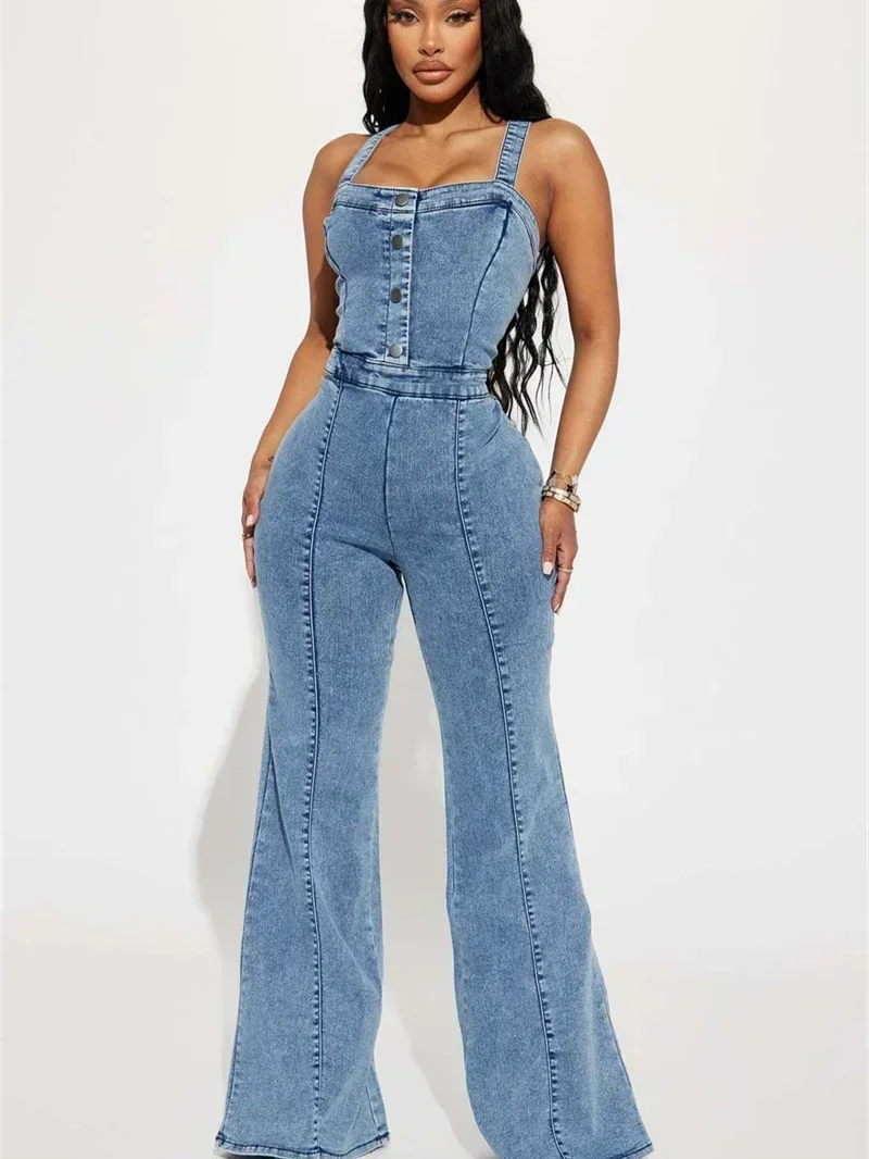 

Streetwear Denim Suspender Jumpsuits Summer Clothes Women Sleeveless Button Up Flare Jeans Rompers Playsuits One Pieces Overalls